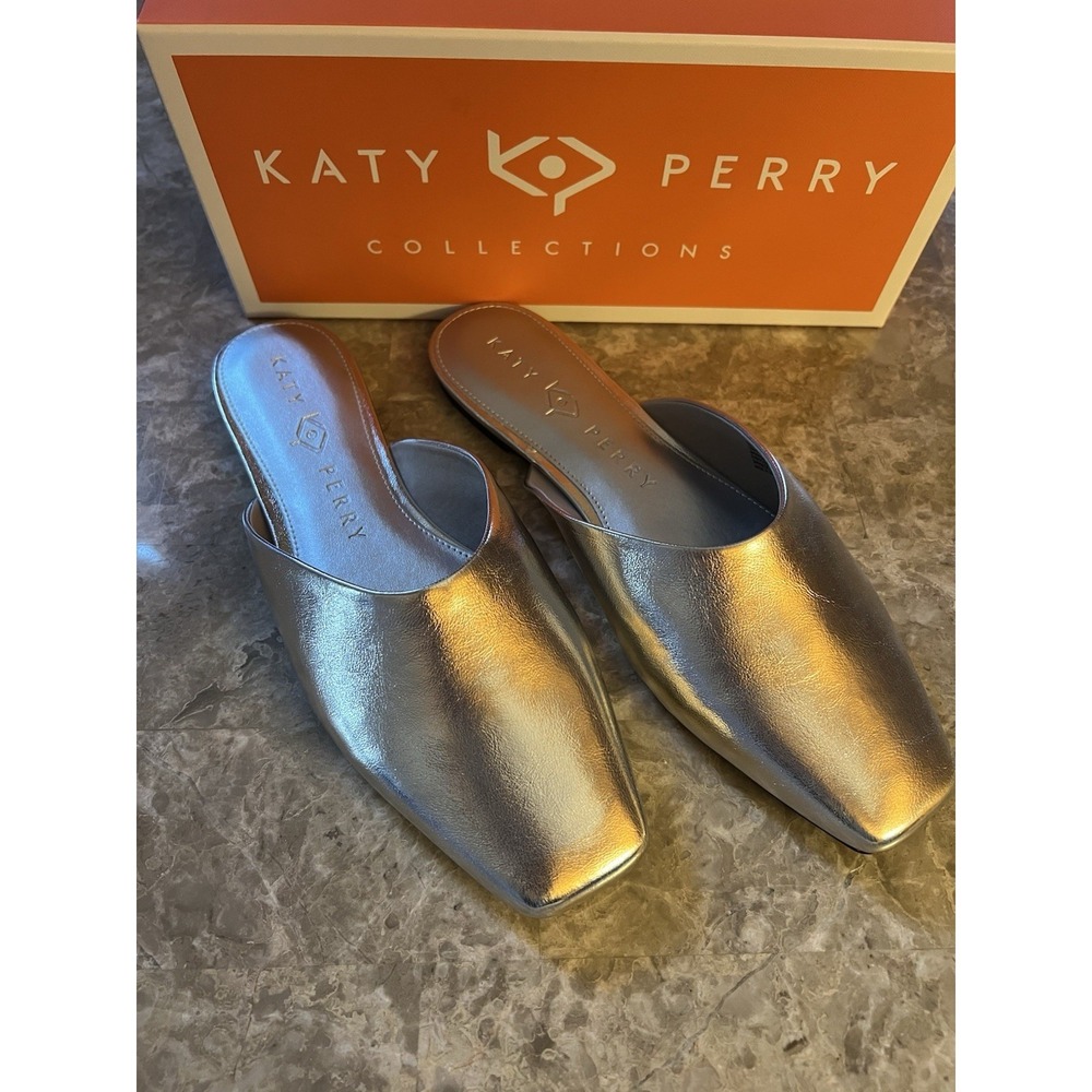 Katy Perry Women Sz 8.5 Evie Mule Textured Faux Nappa SILVER Slide On Shoes  NEW